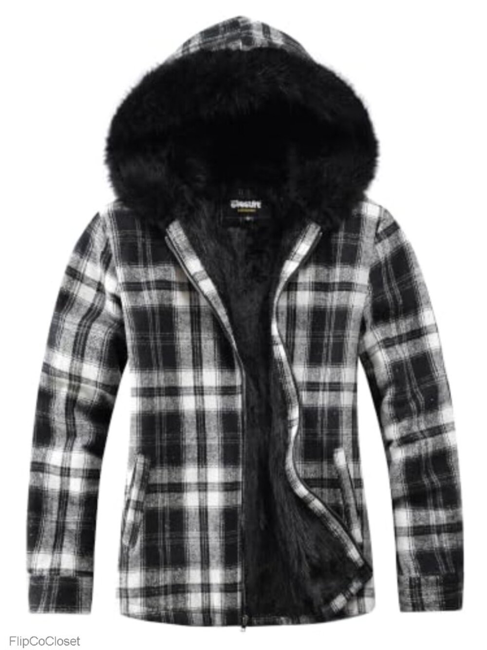 Fleece Lined Flannel Jacket Faux Fur Hood Full Zip Women's Winter Coat